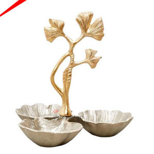 Ensemble de 2 bols de service ronds en métal doré de haute qualité avec support en forme de feuille de métal doré bol de service à puce et trempette 2025 - Product Image 2