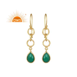 Natural Green Onyx Gemstone Earrings Silver Jewelry Wholesaler Twisted Wire Circle Gold Plated Dangle Earring Jewelry Supplier