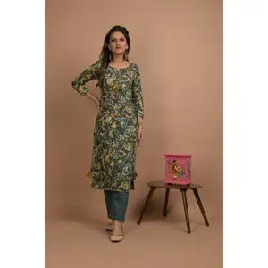 Damen Green Cotton Casual Kurti und Pant Set / Kurti Baumwolle & Hose Kurti Indian Wear Ethnische Kleidung Indische Frauen Kleid Ladies Kur