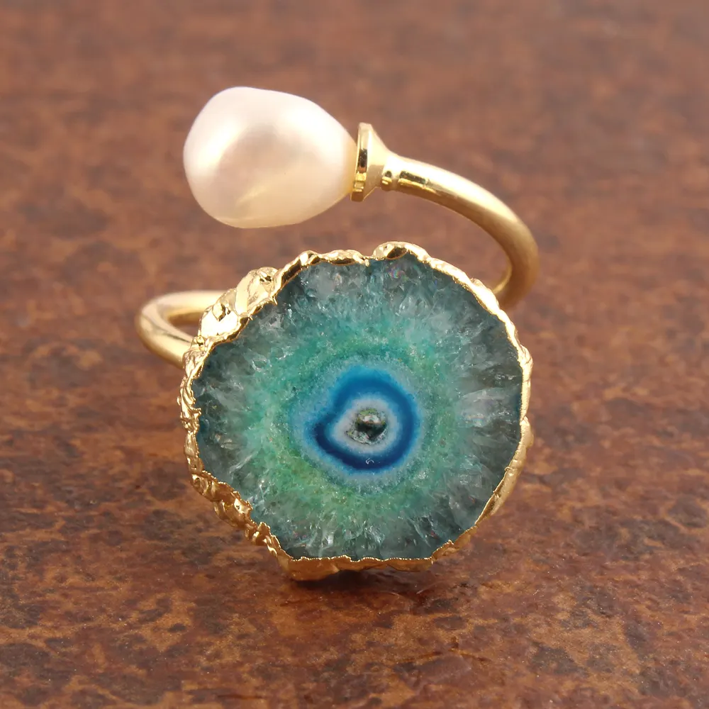 Эксклюзивная коллекция, кольцо из натурального голубого кварца на солнечной батарее и жемчуга, позолоченное регулируемое кольцо, кольцо унисекс для лечения, подарок
