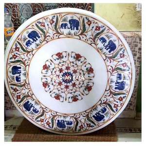 Mesa de Mármol Blanco Muy Costoso con Diseño de Incrustaciones de Piedras Diferentes - Product Image 1