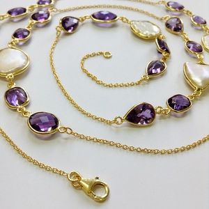 Everyday Wear 925 Sterling Silver <b>Gold</b> Plated Amethyst Cut and Baroque Pearl 90 cms. <b>Long</b> <b>Chain</b> <b>Necklace</b> - Product Image 3