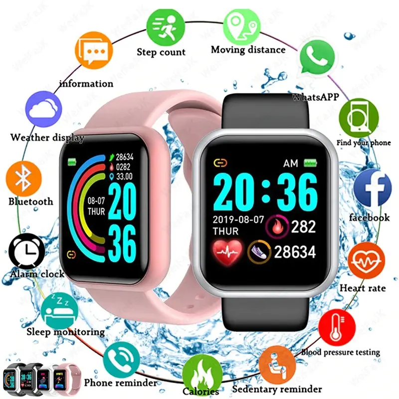 Y68 D20 Jam Tangan Pintar Pria dan Wanita, Arloji Olahraga Pelacak Langkah Kesehatan Kalori Bluetooth untuk Android IOS