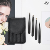 Ensemble de pinces à sourcils en acier inoxydable noir personnalisé pointe pointue cheveux inclinés cueillette des sourcils pince à épiler pochette en cuir sac usage de beauté
