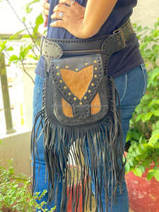 Black Leather Hip <b>Pocket</b> <b>Belt</b> Hand Stitched Waist Bags Hair on <b>Belts</b> Waist Bags Unisex - Product Image 2