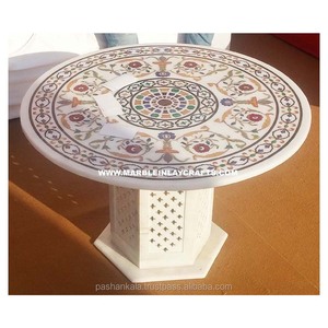 <b>White</b> <b>Marble</b> Inlay <b>Dining</b> <b>Table</b> Top, <b>Round</b> <b>Table</b> Top - Product Image 1