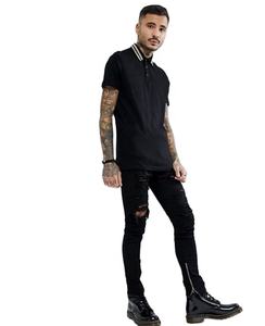 Polo de media manga para hombre al por mayor en negro con cuello dorado grabando estilo hip hop diseño de manga larga informal de alta calidad - Product Image 3