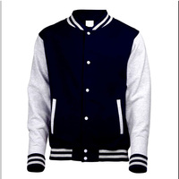 Veste de baseball bleue pour homme avec manches noires et rayures blanches, style preppy