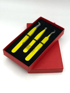 Las mejores pinzas de extensión de pestañas de acero inoxidable con revestimiento de polvo amarillo curvado doble, pinzas para cejas con volumen de arranque, herramienta de belleza - Product Image 6