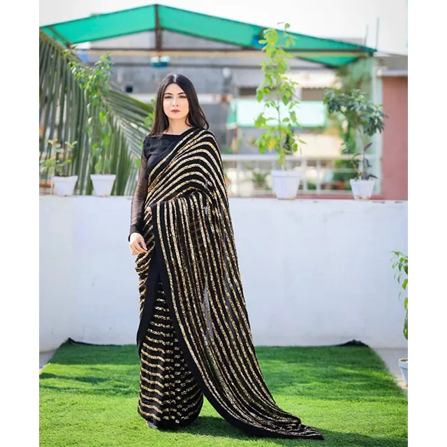 최신 유행 인도 디자이너 결혼식과 파티 착용 스팽글 자수 조젯 사리 블라우스 여성 수출 품질 보장
