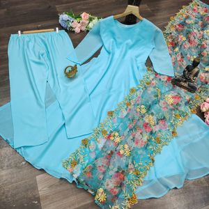 Indian <strong>Plain</strong> Sky Blue <strong>Colour</strong> Anarkali Dresses With Organza Embroidery Dupptta for Women Latest Low Price - Product Image 6