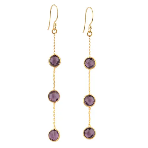 Vintage fashion 5mm round amethyst quartz gold plated hanging chain drop dangle earrings long ear wire bezel earrings jewelry
