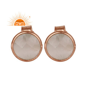 Round White Moonstone Stud Earrings Jewelry Wholesale Indian Rose Gold Plated Silver Tiny Studs Earrings - Product Image 1