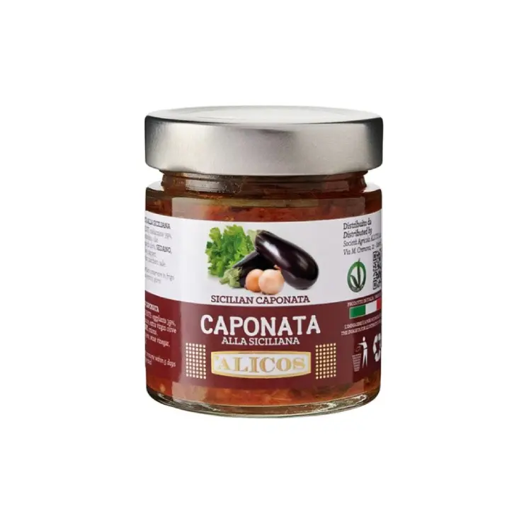 Made in Italy ready to eat preserved food glass jar from sicilian caponata mix vegetables for condiment