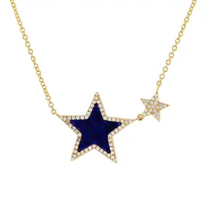 Collar de estrella de oro rosa de 14k con gema de lapislázuli, colgante de estrella de oro blanco sólido con cadena, collar de oro amarillo