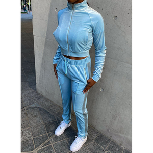 Best Quality VELOUR PANELLED TRACK JACKET - BABY BLUE Zippered Women Jacket Custom Logos - Product Image 4