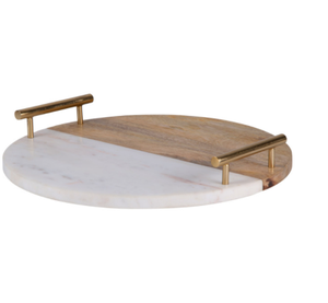 Plateau de bar moderne et créatif en métal avec poignées dorées en bois, design marbre blanc et brun, forme multifonctionnelle pour mariages et Ramadan - Product Image 1