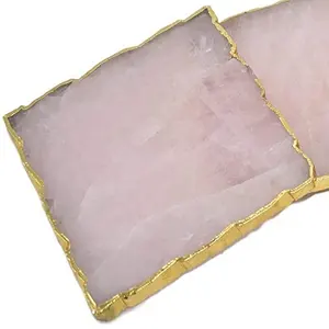 玫瑰石英装饰杯垫天然粉色水晶杯垫金色边缘套装4方形3.5英寸至4英寸尺寸