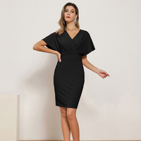 Robes moulantes unies pour femmes, à col en V, manches courtes, taille définie, fente au dos, style OEM