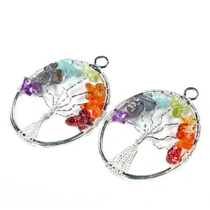 Chakra <b>Tree</b> of Life Pendant with Oval Shape <b>Crystal</b> & Rhinestone Agate Main Stone Religious Style - Product Image 1