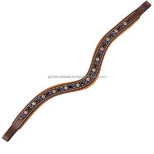 Wave Shape High Quality Tan Leather Horse Brow Band Soft Comfortable Tan Padding in All Sizes with <b>Large</b> Crystals and <b>Stones</b> - Product Image 2