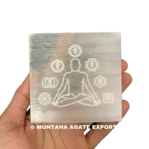 SQUARE SHAPE WHITE SELENITE ENGRAVED PLATE BEAUTIFUL BUDDHA 7 CHAKRA ENGRAVED SELENITE CHARGING PLATE FROM MUNTAHA AGATE