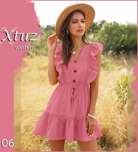 Vestidos de tela de rayón con cuello de pico profundo para mujer, ropa informal de manga corta para verano, 2022 - Product Image 6