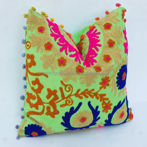 Home Decoration Cotton <b>Sofa</b> Folk Suzani Embroidered Cushion Cover Hot Style Body <b>Support</b> Pillow Case With Pom Pom Lace - Product Image 1