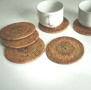 Premium <b>Metal</b> Woven Rattan Coasters Customizable Size Stylish Durable Finished Ideal For Hotel Restaurant Teacups Set Of 6 Pcs - Product Image 1