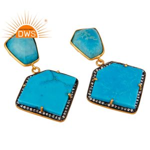 Cultured Turquoise Gemstone Earrings CZ Jewelry Wholesale 18k Gold Plated Sterling Silver Dangle Drop Earrings - Product Image 2