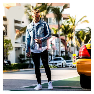 Conception personnalisée de l'usine OEM veste en jean denim délavé au soleil Streetwear veste en jean vintage avec broderie en strass pour hommes - Product Image 3