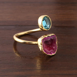 Wholesale High Quality Round Blue <b>Quartz</b> & Natural Geode Druzy Double Stone Adjustable <b>Ring</b> Gold Plated Statement Druzy <b>Rings</b> - Product Image 4
