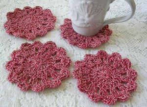 Handmade Crocheted Round <b>Coaster</b> Red <b>White</b> Striped Traditional Style Home Decor - Product Image 2