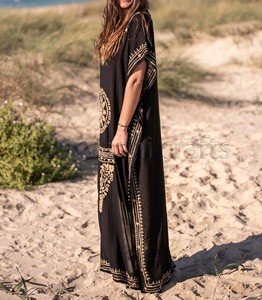 Kaftan bohemio de algodón negro bordado a mano trabajo mujeres manga corta Resort Wear cubrir vestido de mujer - Product Image 4