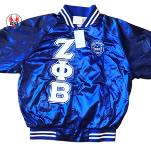 Veste bomber en satin sublimée de la sororité Zeta Phi Beta, lettres grecques, bleu or, 100% polyester satin. - Product Image 4
