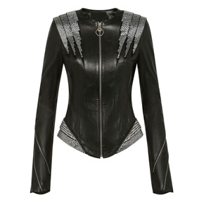 Veste de soirée en cuir de mouton pour femme, blouson d'hiver avec fermeture éclair, de couleur noire, nouvelle collection 2021 - Product Image 1