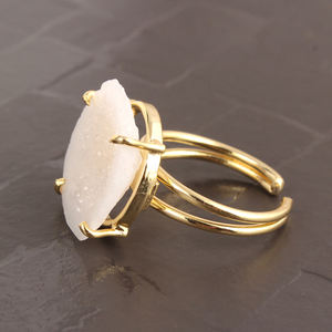 Géode blanche naturelle géométrique druzy bague en laiton plaqué or 24K bague à griffes bague réglable pour homme - Product Image 4