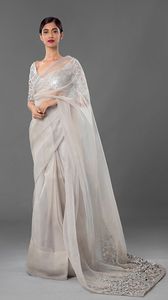 Saree exclusif et élégant de designer avec un beau travail à la main et des perles de verre en pierre, parfait pour les fêtes de mariage, vêtements traditionnels - Product Image 2
