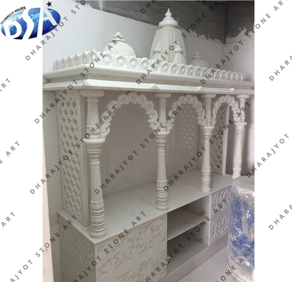 Beyaz mermer küçük ev dekoratif tapınak Mandir dini Dhara-tapınak el oyma maliyet etkin tapınak