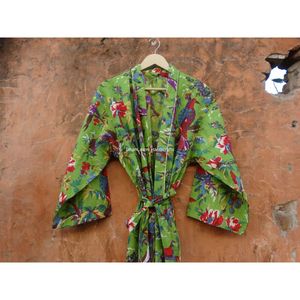 Green Birds Print Hippie & Bohemian Maxi Wholesale Beachwear Women's Nighty Indian Long Robe Gown Kimono - Product Image 5