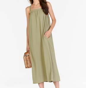 Vestido Formal de Lino 100% Verde Oliva con Tirantes Finos, Cuello Cuadrado, Transpirable, Largo hasta la Rodilla, Holgado, para Fiestas y Celebraciones de Verano - Product Image 1