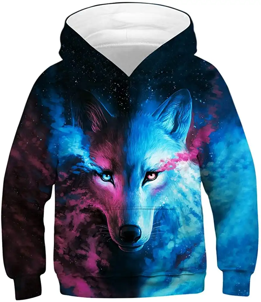 Sublimation im europäischen Stil Kids Wolf Hoodie, Jungen Teenager Mädchen 3D Animal Galaxy Print Sweatshirt Blank Hoodie benutzer definierte Sublimation
