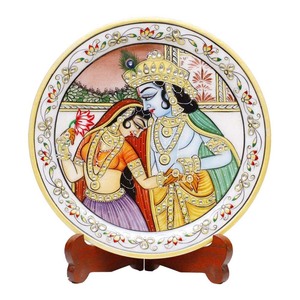 Multicolore Blanc Marbre Radha Krishna Or Peint Plaque Décorative - Product Image 1