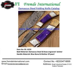 Couteau pliant en acier damas et mitre gravée en laiton Couteau pliant de poche de haute qualité fait à la main - Product Image 2