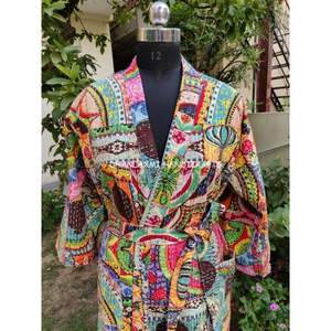 กิโมโนสไตล์ Kantha ชุดนอน,ชุดคลุมอาบน้ำผ้าฝ้ายลายดอกไม้แบบอินเดียหลากสี - Product Image 3