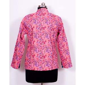 Veste courte élégante en coton pur à fleurs roses réversible matelassée avec des rayures pour femmes Manches longues Vêtement d'hiver bohème - Product Image 3