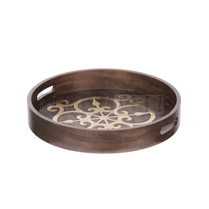 Bandeja Redonda de Madera Art Deco Multifuncional con Asas Recortadas |   Elegante Organizador Decorativo para Mesa de Centro, Decoración del Hogar - Product Image 1