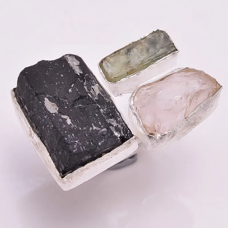 Black tourmaline rose quartz green kyanite rings 925 sterling silver wholesale rings handmade jewelry manufacturer exporters