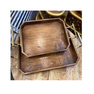 Juego de dos bandejas rectangulares para servir comida, bandeja de madera para servir té y café con asas de metal en venta - Product Image 5
