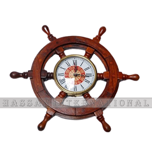Rueda de barco náutico Vintage con reloj de artesanía de latón ruedas de barco decorativas personalizadas de madera para decoración hecha en la India - Product Image 4